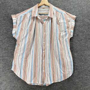 A New Approach Shirt Women L Large White Striped Button Up Collared Short Sleeve